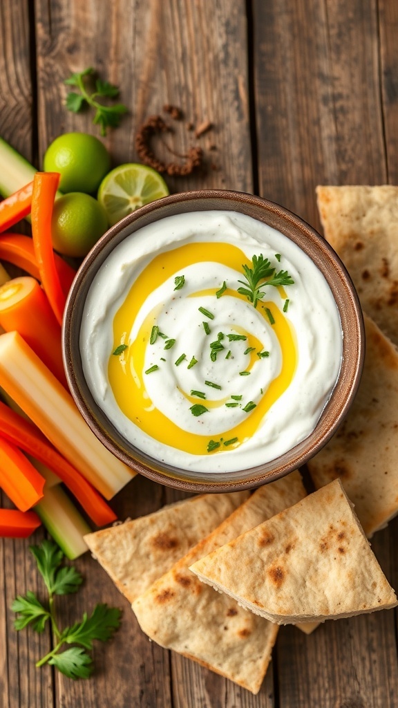Creamy cauliflower yogurt sauce in a bowl, garnished with herbs, on a wooden table with pita bread and vegetables.